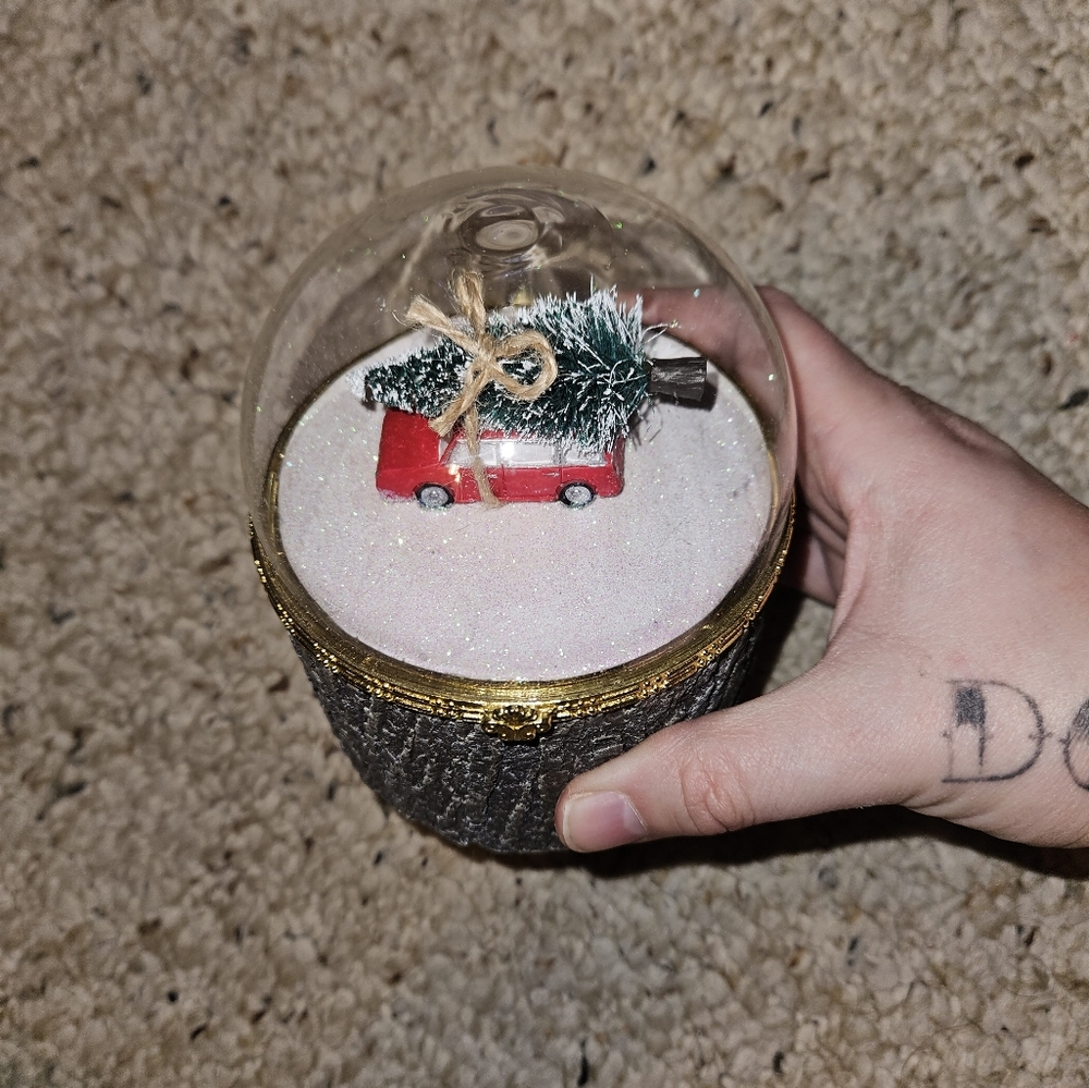 Mini Fake Wood Box With Red Truck And Christmas Tree Inside